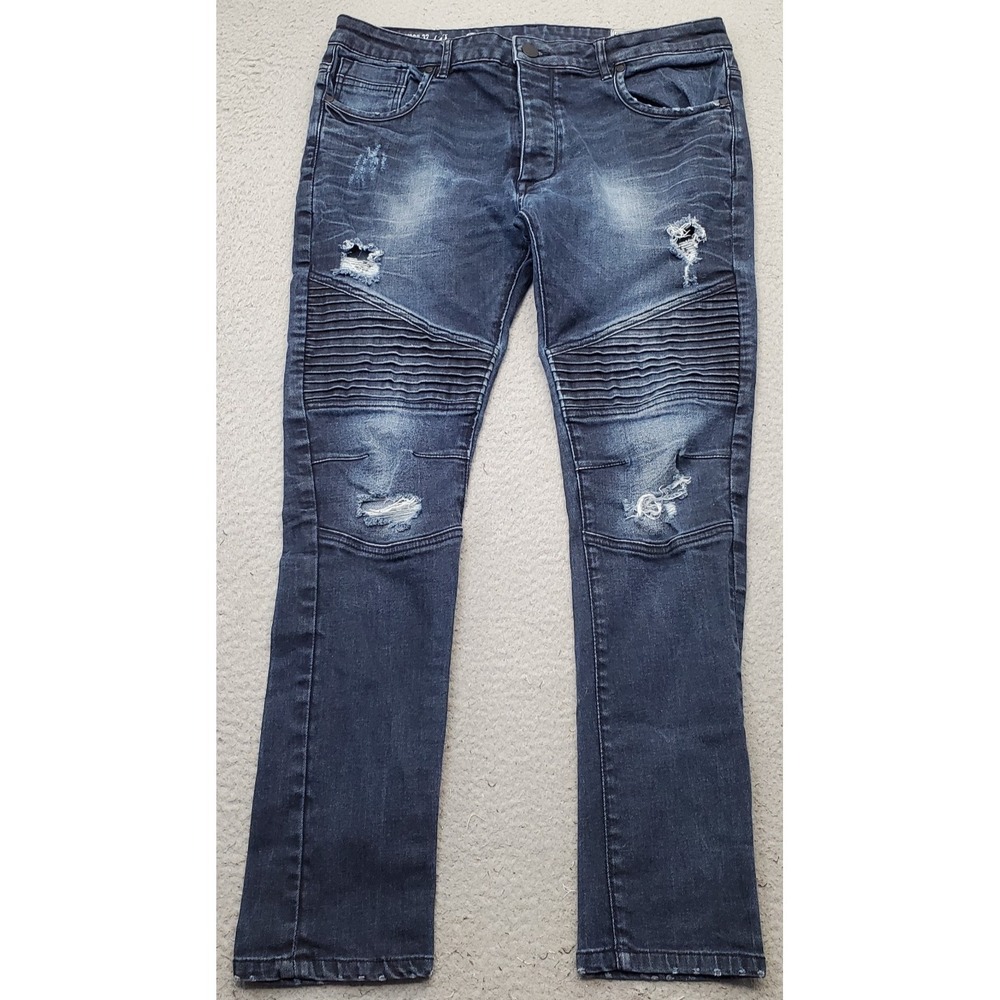 Denim Co. Jeans Mens 36x32 Blue Denim Comfy Flex Stretch Distressed Skinny Leg